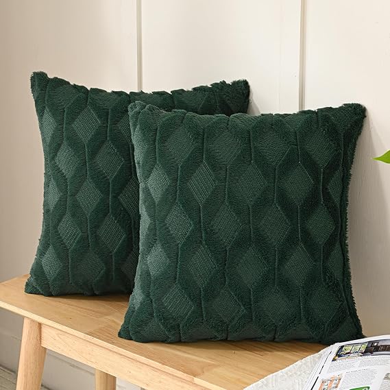 2 Pack Dark Green Faux Wool Pillow Covers