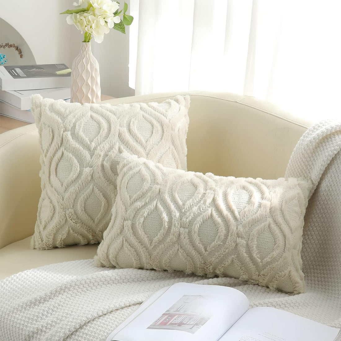 Set of 2 Faux Fur Pillow Covers | Soft Beige Plush