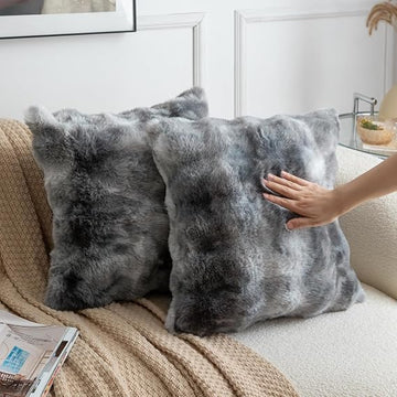 Set of 2 Gray Faux Fur Pillow Covers | Soft 3D Plaid