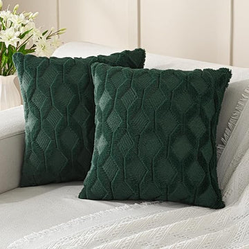 2 Pack Dark Green Faux Wool Pillow Covers
